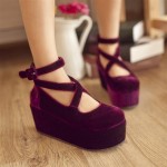 Burgundy Velvet Suede Cross Straps Mary Jane Platforms Lolita Flats Shoes