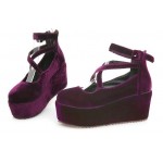 Purple Velvet Suede Cross Straps Mary Jane Platforms Lolita Flats Shoes