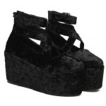 Black Velvet Suede Cross Straps Mary Jane Platforms Lolita Flats Shoes