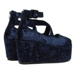 Blue Navy Velvet Suede Cross Straps Mary Jane Platforms Lolita Flats Shoes