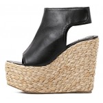 Black Peeptoe Braided Straw Knitted Slingback Platforms Wedges Sandals Shoes