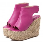 Pink Fushia Peeptoe Braided Straw Knitted Slingback Platforms Wedges Sandals Shoes