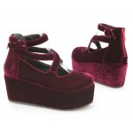 Burgundy Velvet Suede Cross Straps Mary Jane Platforms Lolita Flats Shoes