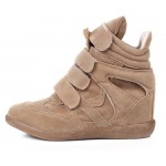 Khaki Suede High Top Velcro Tapes Hidden Wedges Sneakers Shoes
