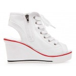 White Canvas Peeptoe Lace Up Platforms Wedges Sneakers Shoes