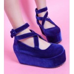 Blue Royal Velvet Suede Cross Straps Mary Jane Platforms Lolita Flats Shoes