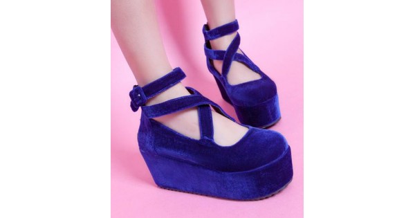 Blue Royal Velvet Suede Cross Straps Mary Jane Platforms Lolita 