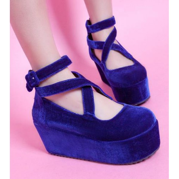 Blue Royal Velvet Suede Cross Straps Mary Jane Platforms Lolita Flats Shoes