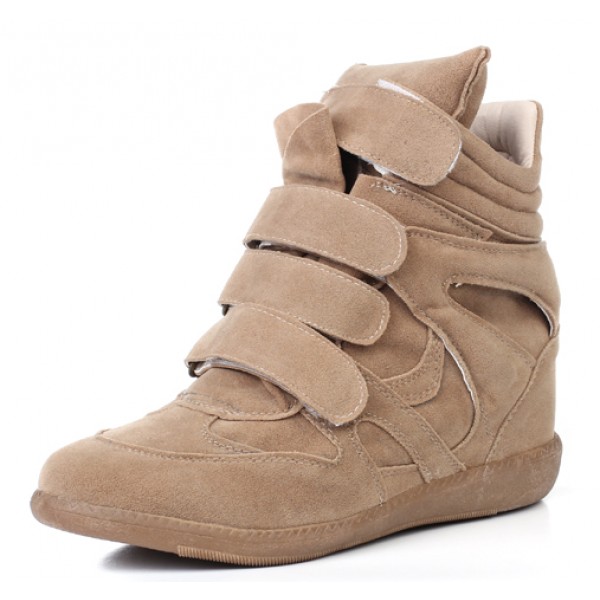 Khaki Suede High Top Velcro Tapes Hidden Wedges Sneakers Shoes