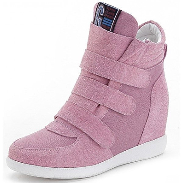 Pink Suede Velcro Platforms Sole High Top Hidden Wedges Womens Sneakers Loafers Shoes