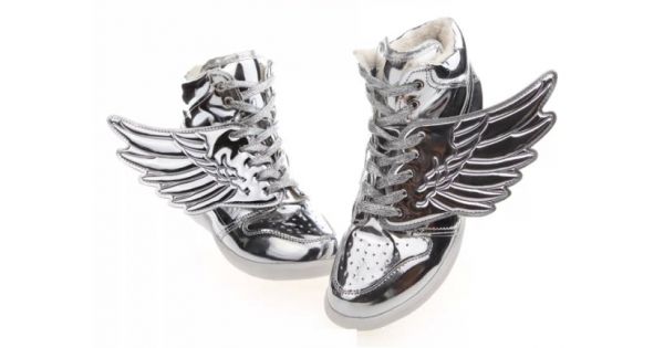 Silver Metallic Shiny Angel Wings Hidden Wedges High Top Womens