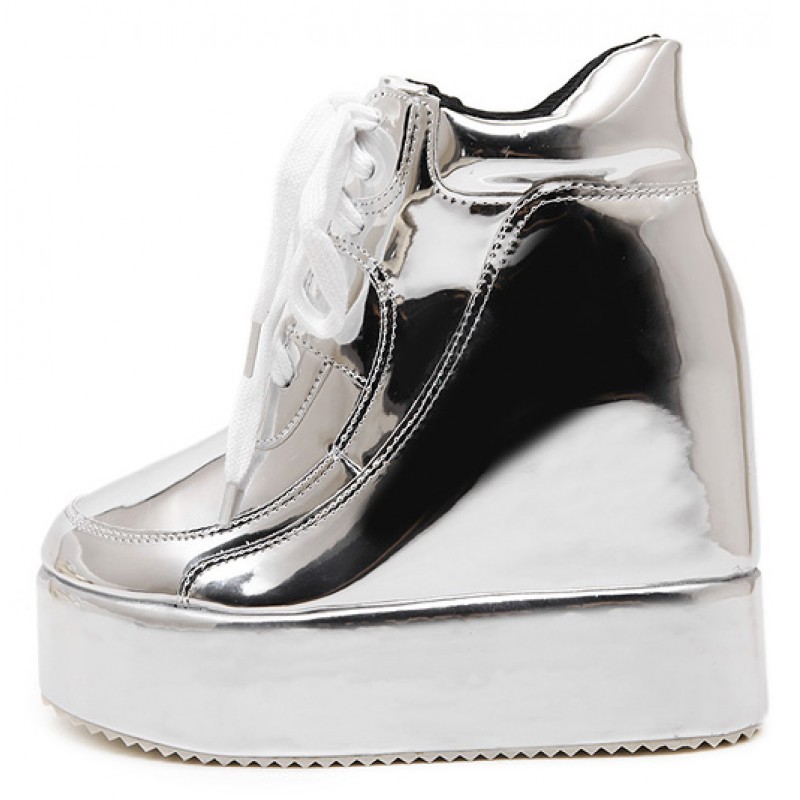 Silver Metallic Shiny Mirror Platforms Lace Up High Top Wedges