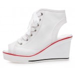 White Canvas Peeptoe Lace Up Platforms Wedges Sneakers Shoes