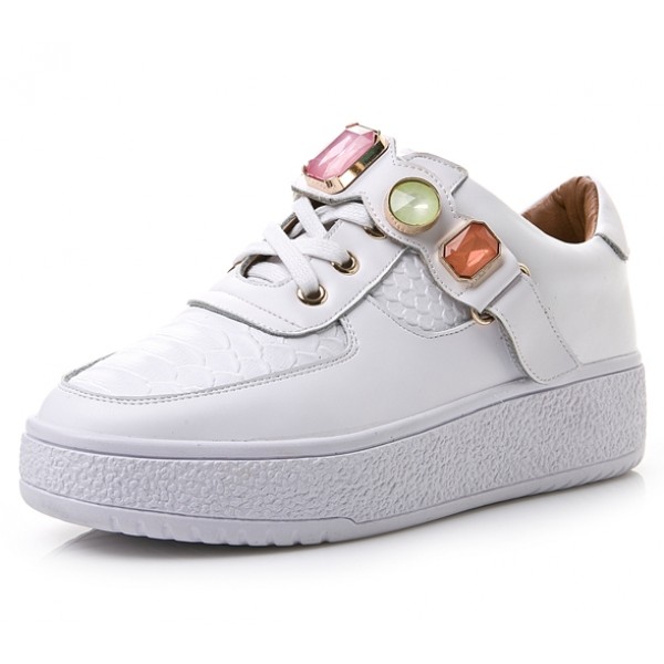 White Colorful Gemstones Platforms Sole Womens Sneakers Loafers Flats Shoes