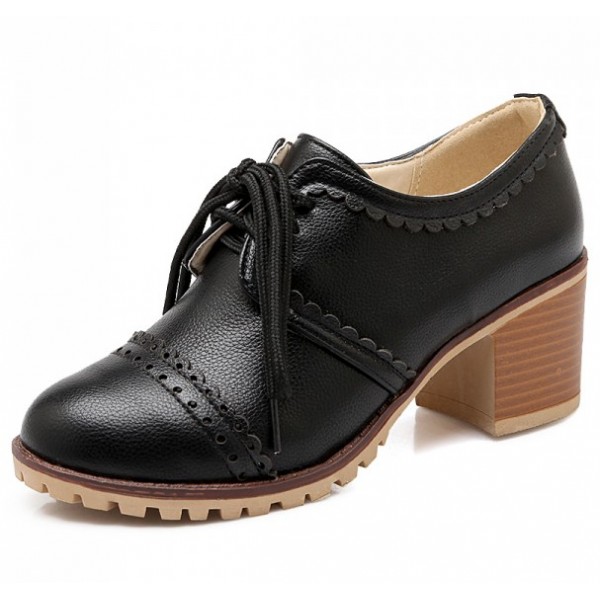 Black Vintage Lace Up High Heels Women Oxfords Shoes