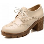 Cream Beige Old School Vintage Lace Up High Heels Women Oxfords Shoes