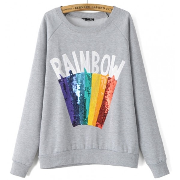 Grey Black Embroidery Rainbow Sequins Long Sleeve Sweatshirts Tops