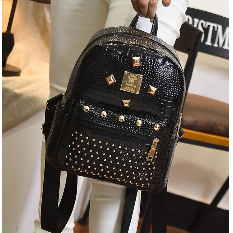 Leather Mini Backpack Black Patent Leather Handbag Ladies 