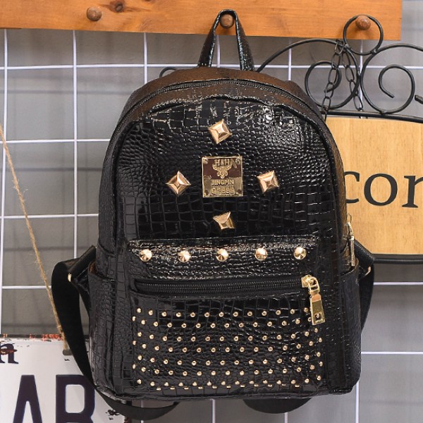 Black Patent Gold Metal Studs Punk Rock Mini Backpack Bag