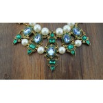 Green Crystals White Pearls Tribal Bohemian Ethnic Necklace Choker