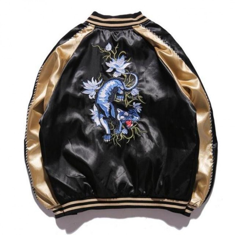 Blue Black Satin Embroidery Reversible Mens Aviator Baseball Yokosuka Bomber  Jacket