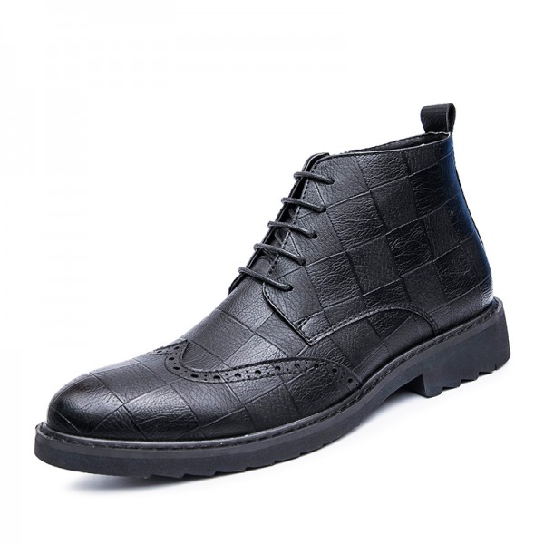 Black Lace Up Pointed Head Checkers Patterned Dappermen Mens Oxfords Shoes Ankle Boots