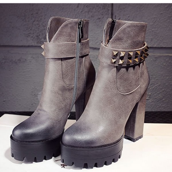 Grey Leather Platforms Studs High Top Block Heels Combats Military Boots Shoes