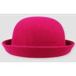 Pink Woolen Round Head Rolled Brim Dance Jazz Bowler Hat Cap