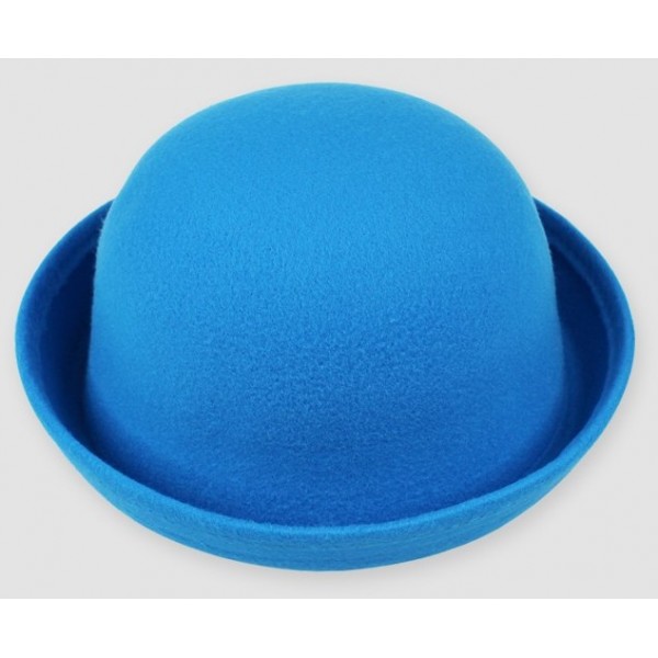 Blue Woolen Round Head Rolled Brim Jazz Dance Bowler Hat Cap