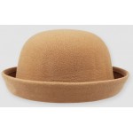 Khaki Woolen Round Head Rolled Brim Dance Jazz Bowler Hat Cap