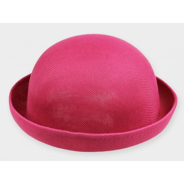 Pink Fushia Summer Straw Round Head Rolled Brim Dance Jazz Bowler Hat Cap