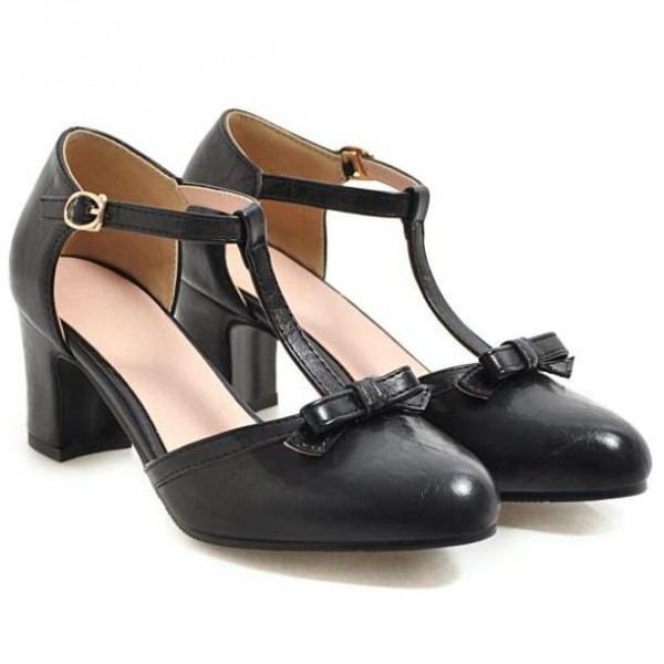 Black Bow T Strap Mary Jane High Heels Sandals Shoes