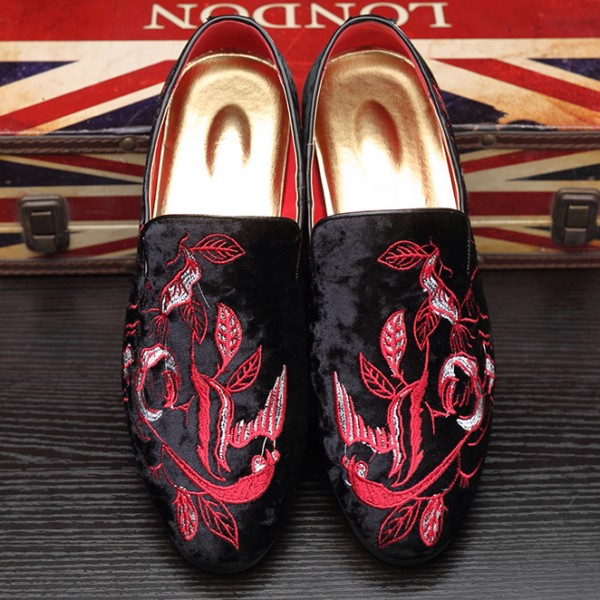 Black Red Velvet Embroidery Flowers Loafers Dapperman Dress Shoes Flats