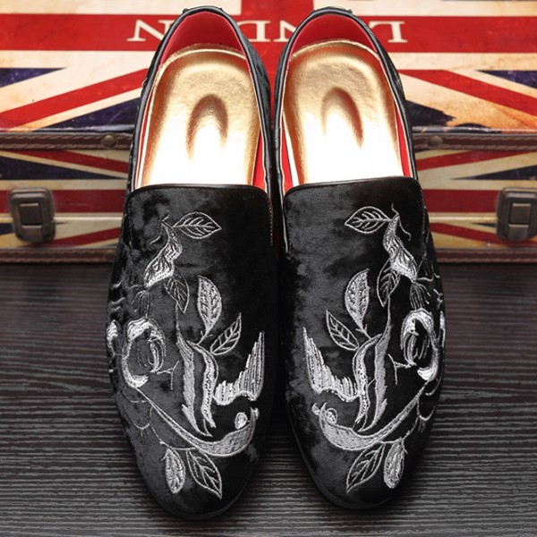 Black White Velvet Embroidery Flowers Loafers Dapperman Dress Shoes Flats