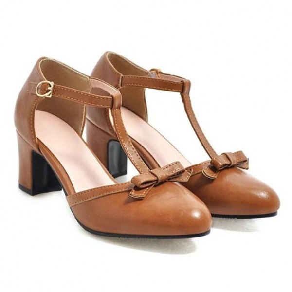 Brown Bow T Strap Mary Jane High Heels Sandals Shoes