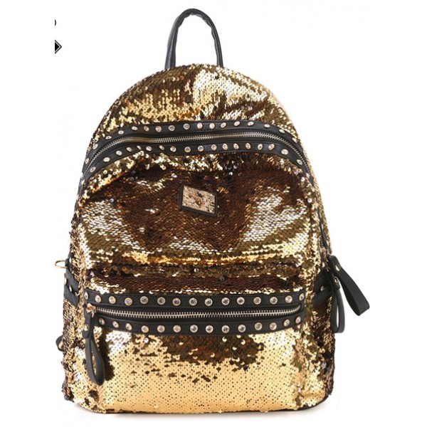 Gold Sequins Glittering Metal Studs Gothic Punk Rock Backpack