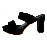 Black Suede Leather Straps Block High Heels Pump Sandals Shoes