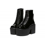 Black Patent Leather Lace Up Platforms Thick Sole Chunky Heels Boots Creepers Shoes