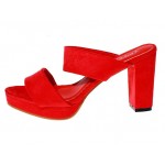 Red Suede Leather Straps Block High Heels Pump Sandals Shoes