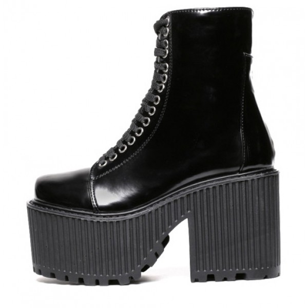 Black Patent Leather Lace Up Platforms Thick Sole Chunky Heels Boots Creepers Shoes