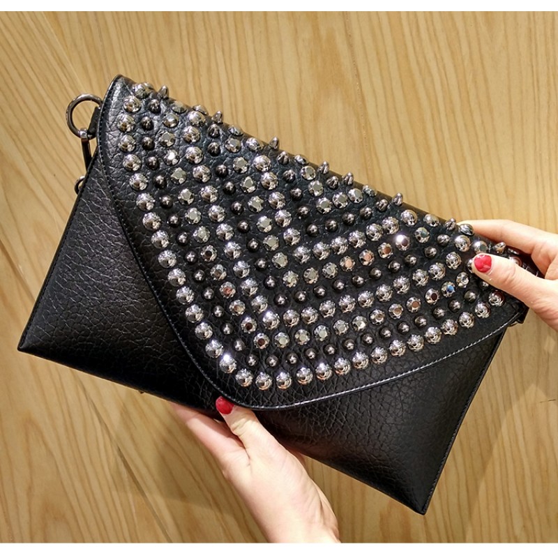 Glossy Ladies Trim Studs Patent Faux Leather Clutch Bag Stylish Punk Fashion 