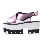 Pink Metallic Shiny Mirror Cross Straps Punk Rock White Platforms Sandals Shoes
