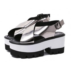 Silver Metallic Shiny Mirror Cross Straps Punk Rock White Platforms Sandals Shoes