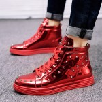 Red Metallic Patent Studs Spikes High Top Lace Up Punk Rock Sneakers Mens Shoes