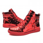 Red Metallic Patent Studs Spikes High Top Lace Up Punk Rock Sneakers Mens Shoes