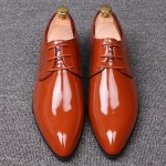 Brown Patent Glossy Pointed Head Lace Up Mens Oxfords Shoes