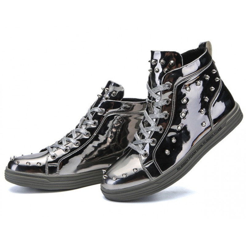 Black Patent Spikes Punk Rock Mens High Top Sneakers Shoes