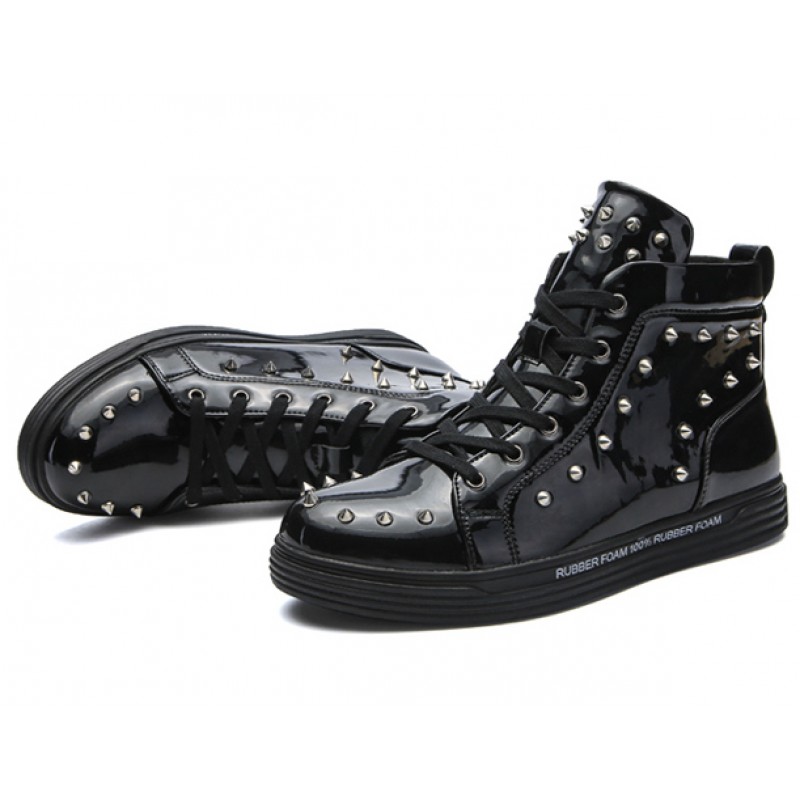  OPP Spikes Fashion Shoes for Men High-top Casual Lace-Up  Leather Zipper Sneakers Men Metallic