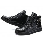 Black Patent Studs Spikes High Top Lace Up Punk Rock Sneakers Mens Shoes