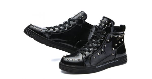  OPP Spikes Fashion Shoes for Men High-top Casual Lace-Up  Leather Zipper Sneakers Men Metallic